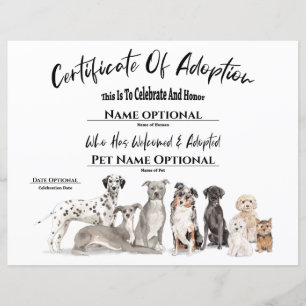 Cute Adoption Pet Puppy Dog Certificate