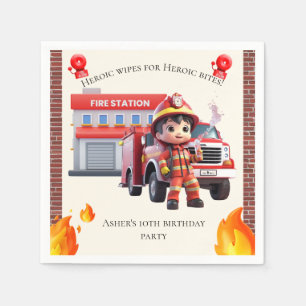 Cute Adorable 3D Firefighter Boy with Fire Truck Napkin