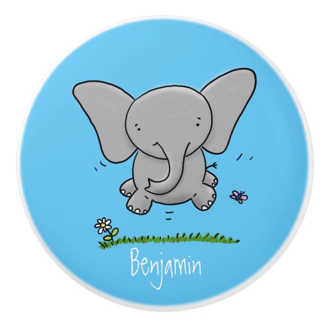 Cute adorable baby elephant cartoon illustration ceramic knob (Front)