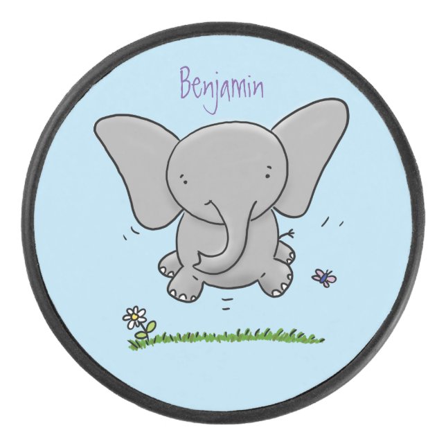 Cute adorable baby elephant cartoon illustration hockey puck (Front)