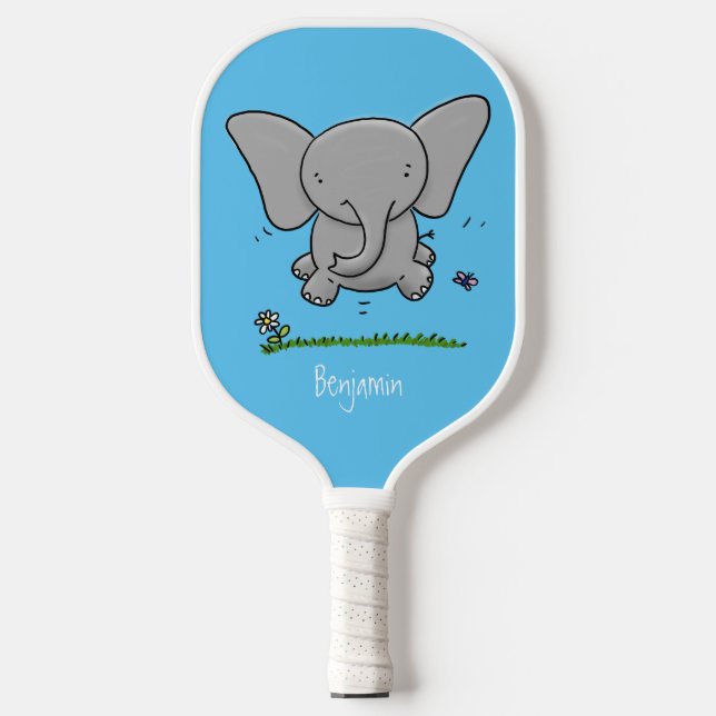 Cute adorable baby elephant cartoon illustration pickleball paddle (Front)