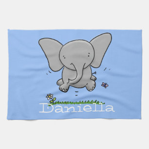 Cute adorable baby elephant cartoon illustration tea towel