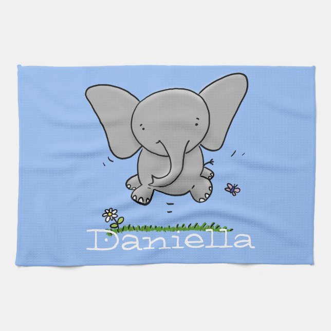 Cute adorable baby elephant cartoon illustration tea towel (Horizontal)