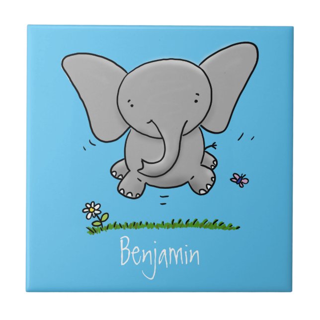 Cute adorable baby elephant cartoon illustration tile (Front)
