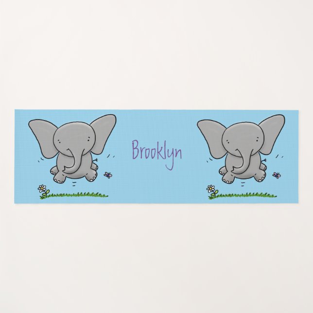 Cute adorable baby elephant cartoon illustration yoga mat (Front (Horizontal))