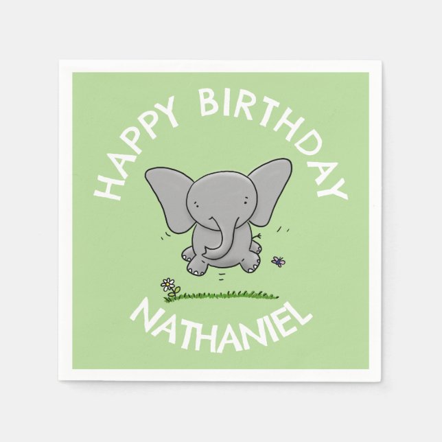 Cute adorable baby elephant personalised birthday napkin (Front)
