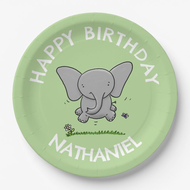 Cute adorable baby elephant personalised birthday paper plate (Front)
