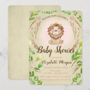 Cute Adorable Baby Lion Crown Leaves Invitation