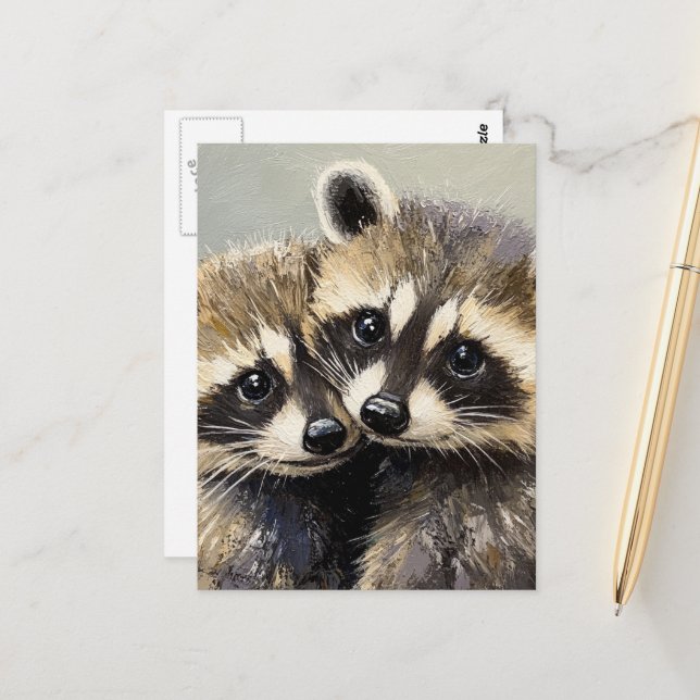 Cute Adorable Baby Raccoons Postcard (Front/Back In Situ)