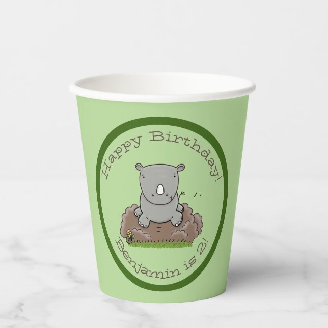 Cute adorable baby rhino cartoon illustration paper cups (Front)