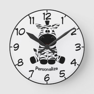 Cute & Adorable Baby Zebra Cartoon Black White Round Clock