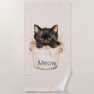 Cute Adorable Black Cat in Bucket Beach Towel