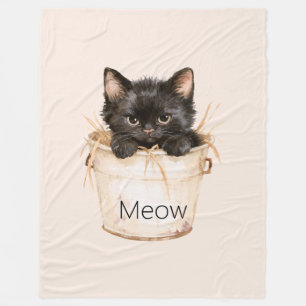 Cute Adorable Black Cat in Bucket Fleece Blanket