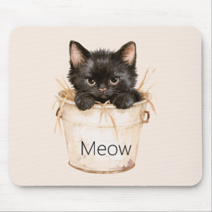 Cute Adorable Black Cat in Bucket Mouse Mat