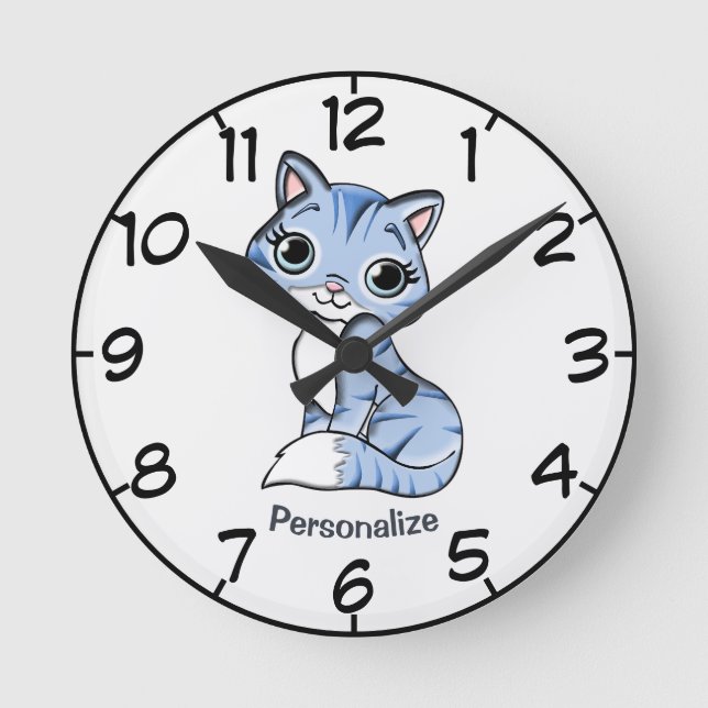 Cute & Adorable Blue Kitten Cartoon Personalize Round Clock (Front)