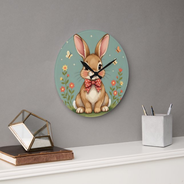 Cute adorable brown bunny with bow tie large clock (Office)