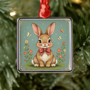 Cute adorable brown bunny with bow tie metal tree decoration