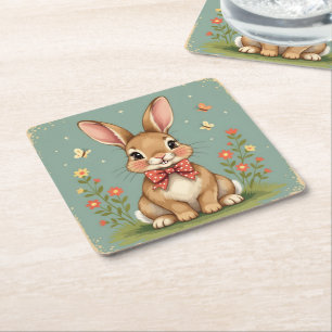 Cute adorable brown bunny with bow tie square paper coaster