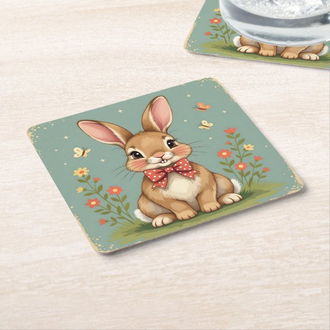 Cute adorable brown bunny with bow tie square paper coaster (Angled)