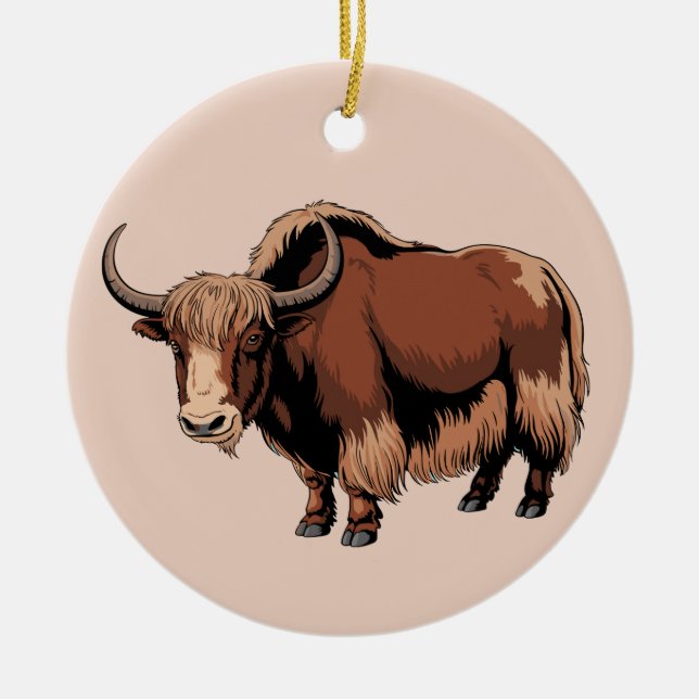 Cute & adorable brown Yak  Ceramic Tree Decoration (Front)
