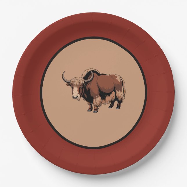 Cute & adorable brown Yak  Paper Plate (Front)