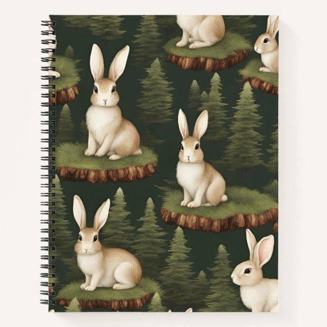 Cute Adorable Bunnies On Evergreen Background Notebook (Front)