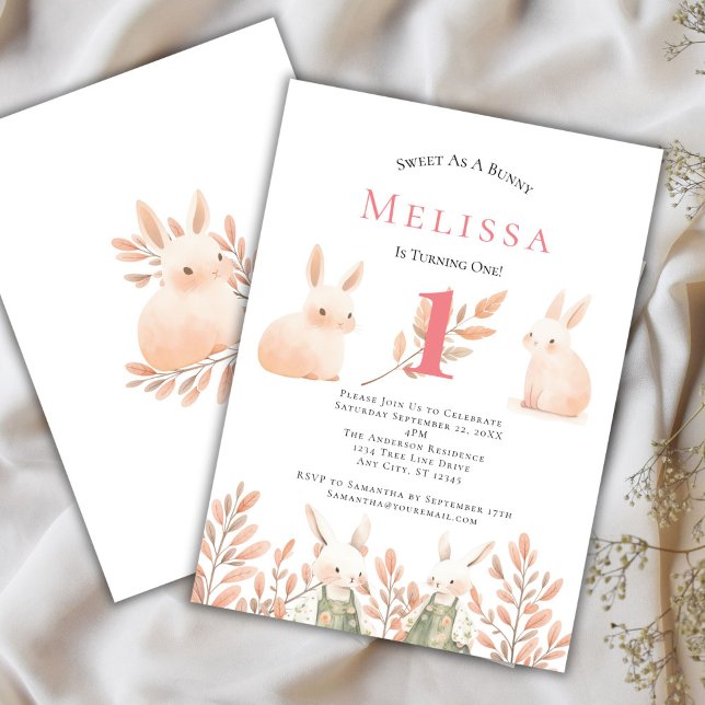 Cute Adorable Bunny Girls 1st Birthday Invitation (Girls 1st Birthday Bunny Invitation)