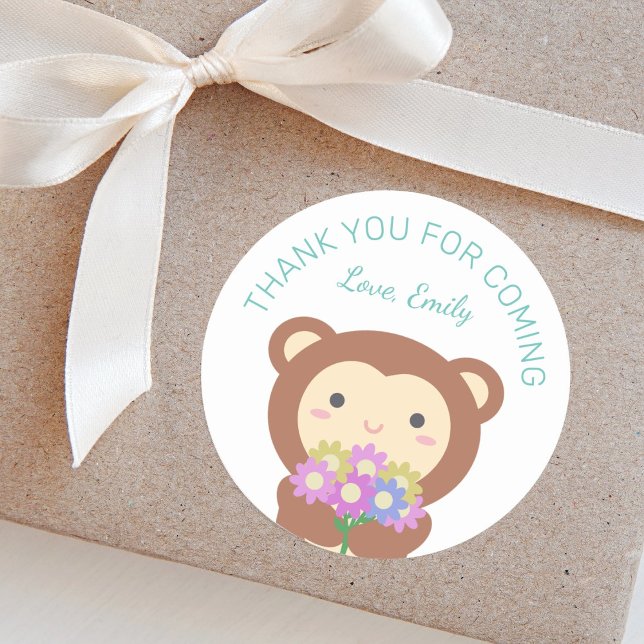 Cute Adorable Cartoon Monkey Thank You For Coming Classic Round Sticker (Creator Uploaded)