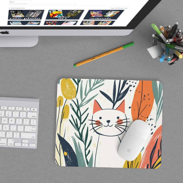 Cute Adorable Cat in a Garden Illustration Mouse Mat (Creator Uploaded)