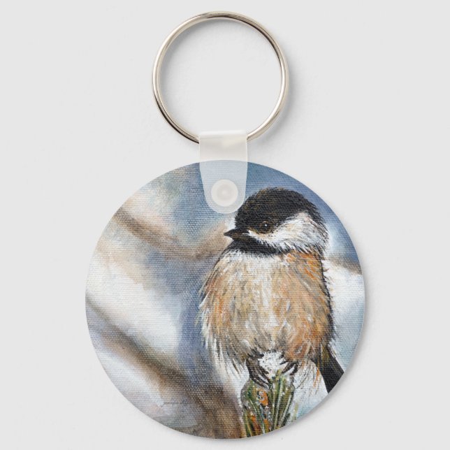 Cute Adorable Chickadee Winter Painting Key Ring (Front)