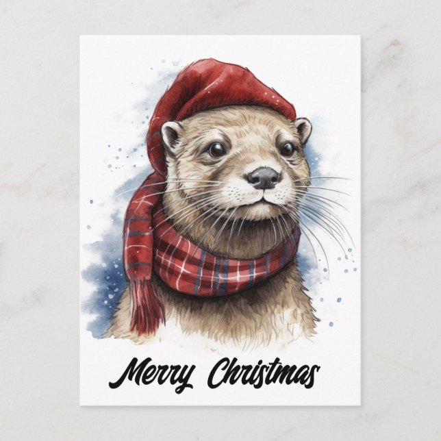 Cute Adorable Christmas Otter Holiday Postcard (Front)