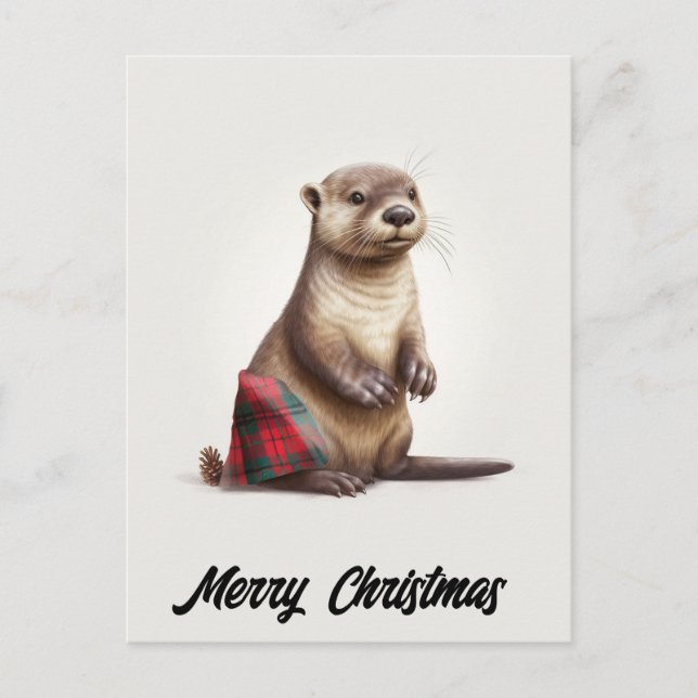 Cute Adorable Christmas Otter in Plaid Holiday Postcard (Front)