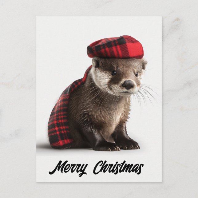 Cute Adorable Christmas Otter in Plaid Holiday Postcard (Front)
