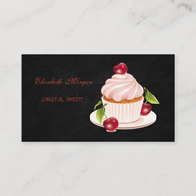 Cute Adorable, Cupcake, Black Business Card (Front)