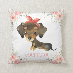 Cute Adorable Dachshund Dog Blush Pink Floral Girl Cushion