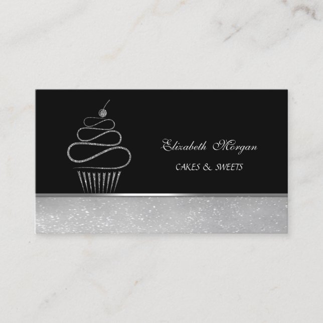 Cute Adorable Elegant Silver Glitte Cupcake Bakery Business Card (Front)