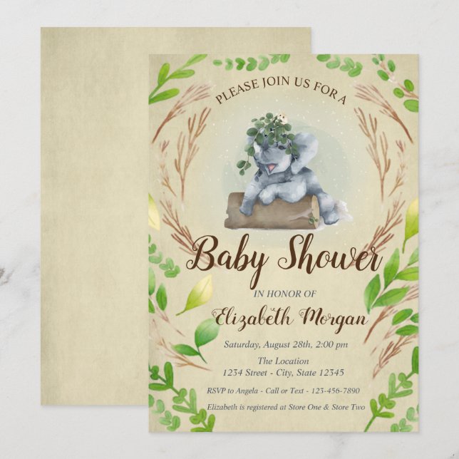 Cute Adorable Elephant Leaves Invitation (Front/Back)