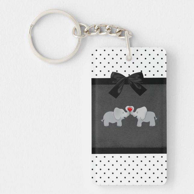 Cute Adorable Elephants,Polka Dots,Black Bow Key Ring (Front)