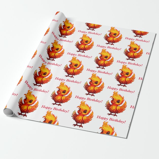 Cute Adorable Fiery Cartoon Baby Phoenix  Wrapping Paper (Unrolled)