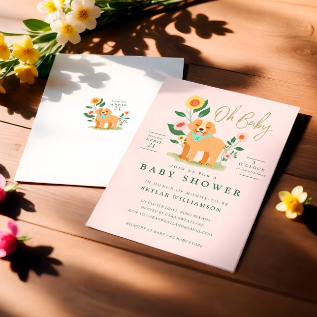 Cute Adorable Floral Golden Retriever Baby Shower Invitation (Cute Adorable Floral Golden Retriever Baby Shower Invitation)