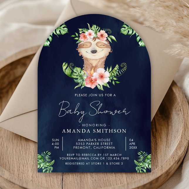 Cute Adorable Floral Sloth Girl Navy Baby Shower Invitation (Creator Uploaded)
