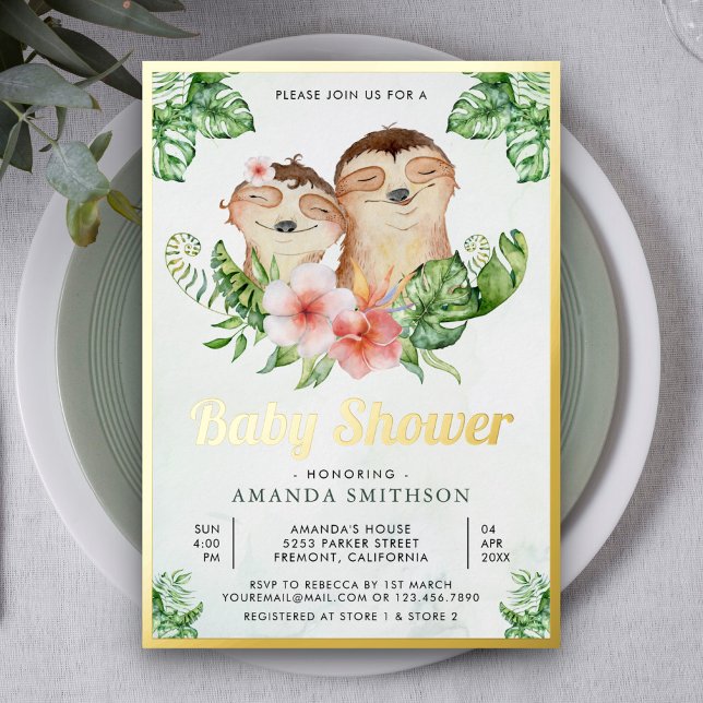 Cute Adorable Floral Sloth Twins Baby Shower Gold (Creator Uploaded)