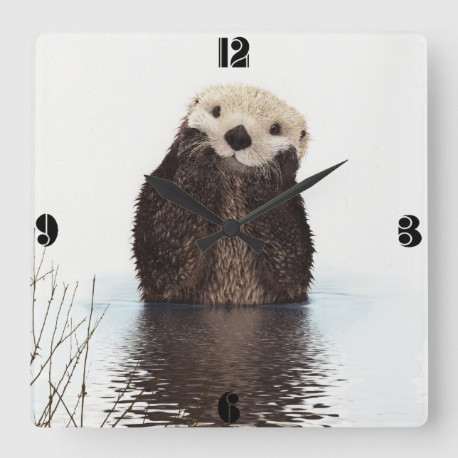Cute adorable fluffy otter animal square wall clock (Front)