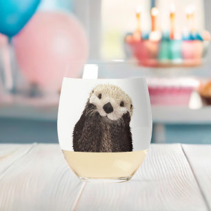 Cute Adorable Fluffy Otter Animal Stemless Wine Glass