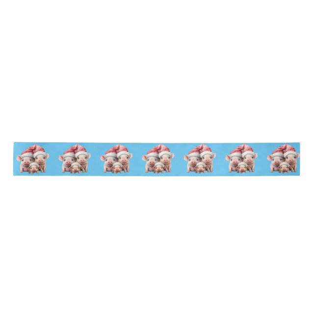 Cute Adorable Funny Christmas Pigs on Blue Satin Ribbon (Front)