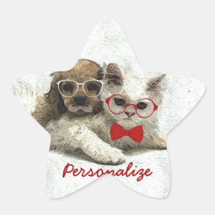 Cute Adorable funny trendy puppy and kitten Star Sticker