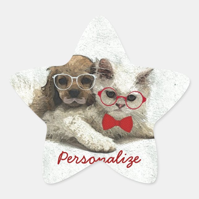 Cute Adorable funny trendy puppy and kitten Star Sticker (Front)