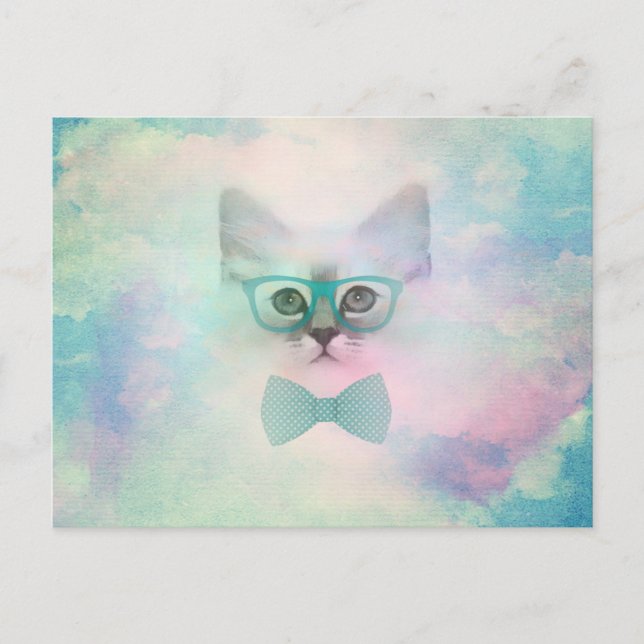 Cute adorable funny watercolours kitten glasses postcard (Front)