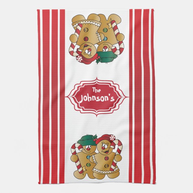 Cute Adorable Gingerbread Couple Tea Towel (Vertical)
