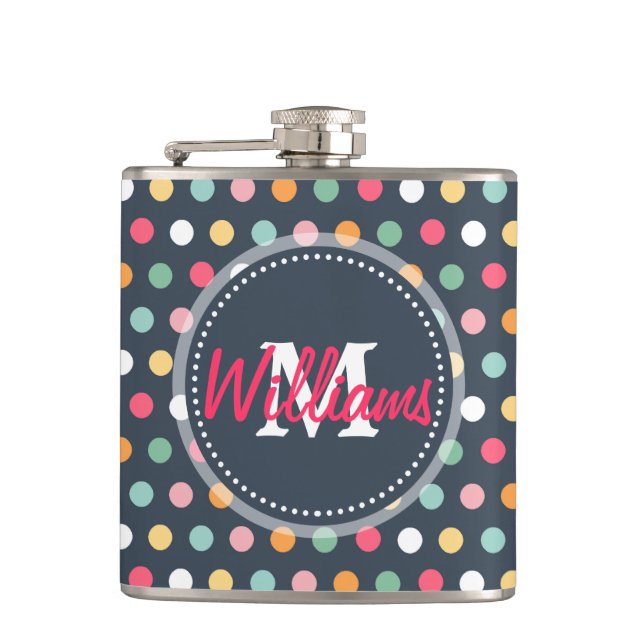 Cute adorable girly colourful  monogram polka dots hip flask (Front)